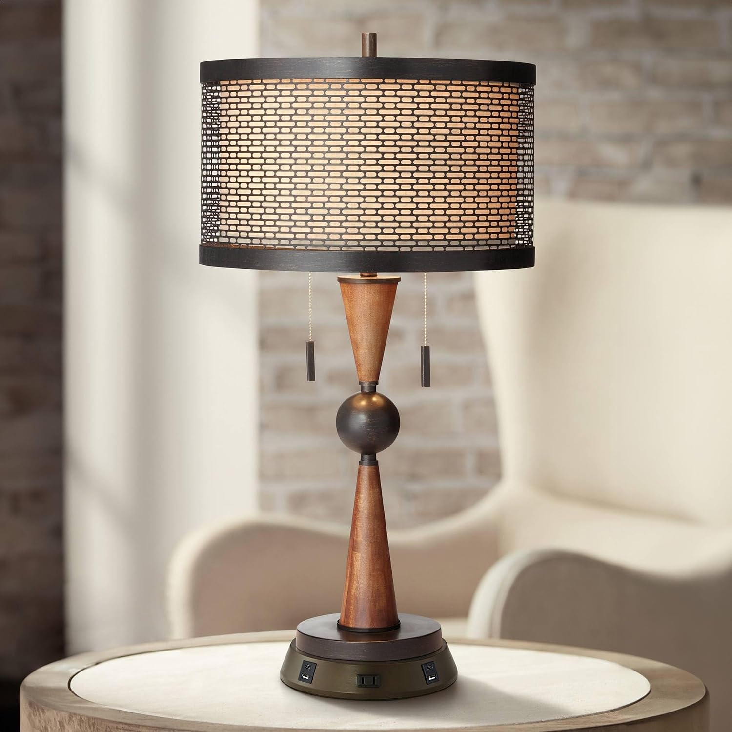 Franklin Iron Works Hunter Rustic Farmhouse Table Lamp with USB and AC Power Outlet Workstation Charging Base 28.75' Tall Bronze Cherry Wood Double Drum Shade for Living Room Bedroom House Bedside