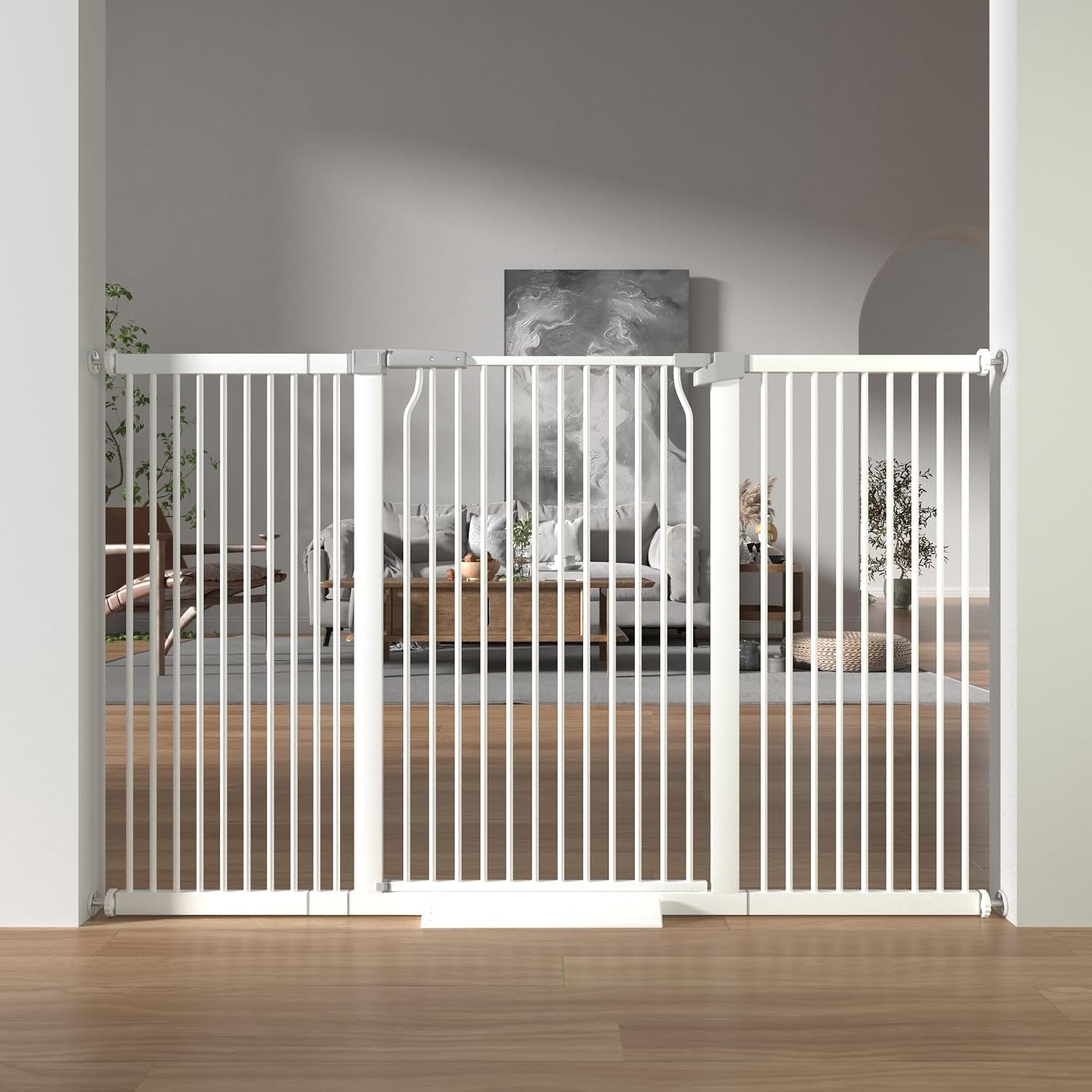 41' Extra Tall Baby Gate for Doorways and Stairs No Drill, Adjustable 60.3-65.7' Auto Close Dog Gate Indoor, Pressure Mounted Walk Through Swing Wide Pet Gate, Tall Cat Gate with Expansion Kit, White