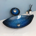 23'x14' Blue Bathroom Vessel Sink, Leaf Shape Tempered Glass Sinks And Faucet Combo, Washing Basin Bowl Waterfall Chrome Brass Pop Up Drain