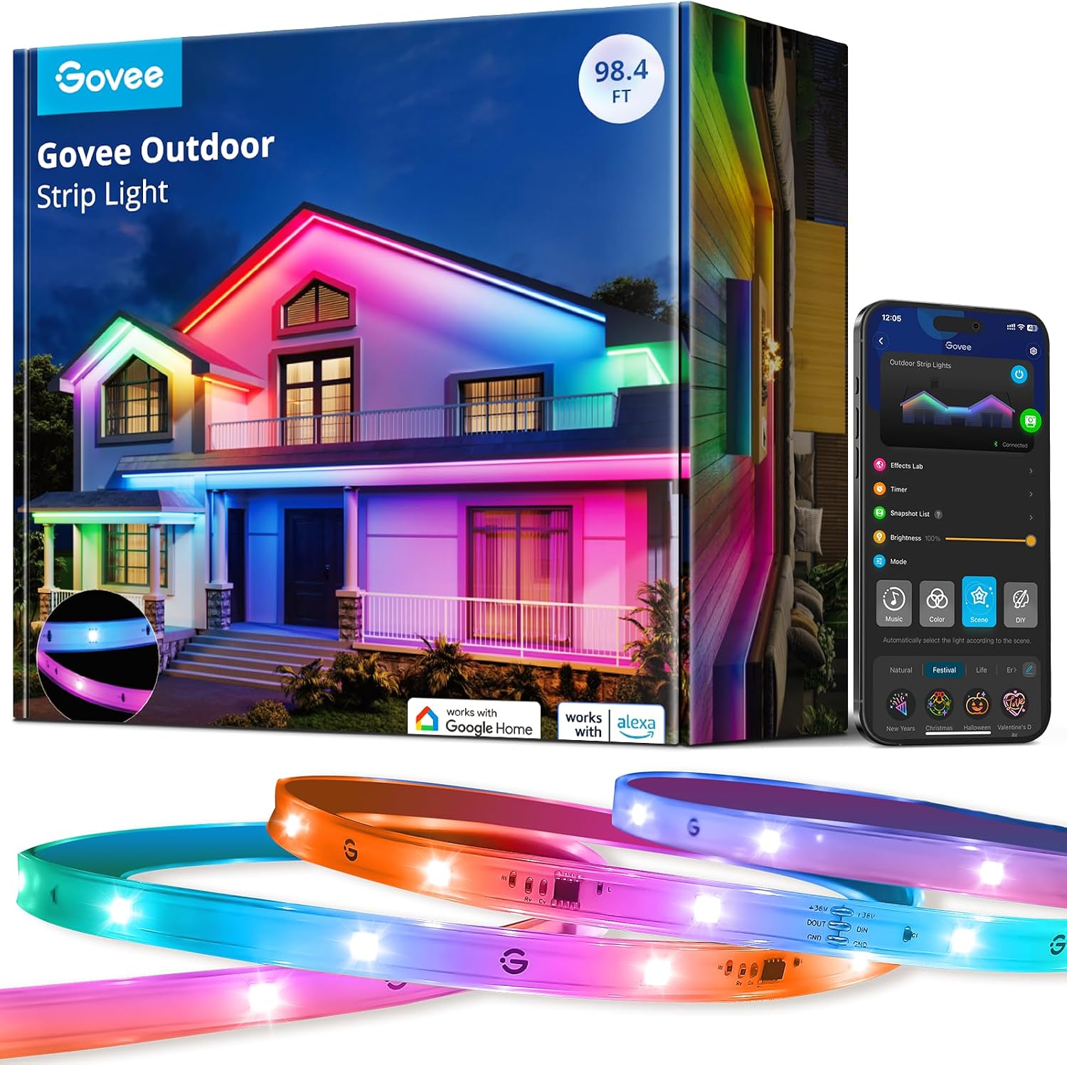 Govee Outdoor LED Strip Lights, 98.4ft Smart Outdoor Lights Work with Alexa and Google Assistant, App Control, IP65 Waterproof, RGBIC Lights for Patio, Eave, Party Decorations