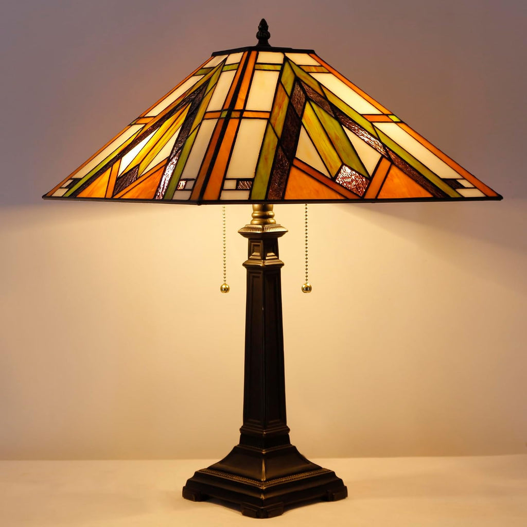 Tiffany Table Lamp Bronze Mission Style Stained Glass 16X16X23 Inches Desk Reading Light for Bedrooms Living Room Study Home Office