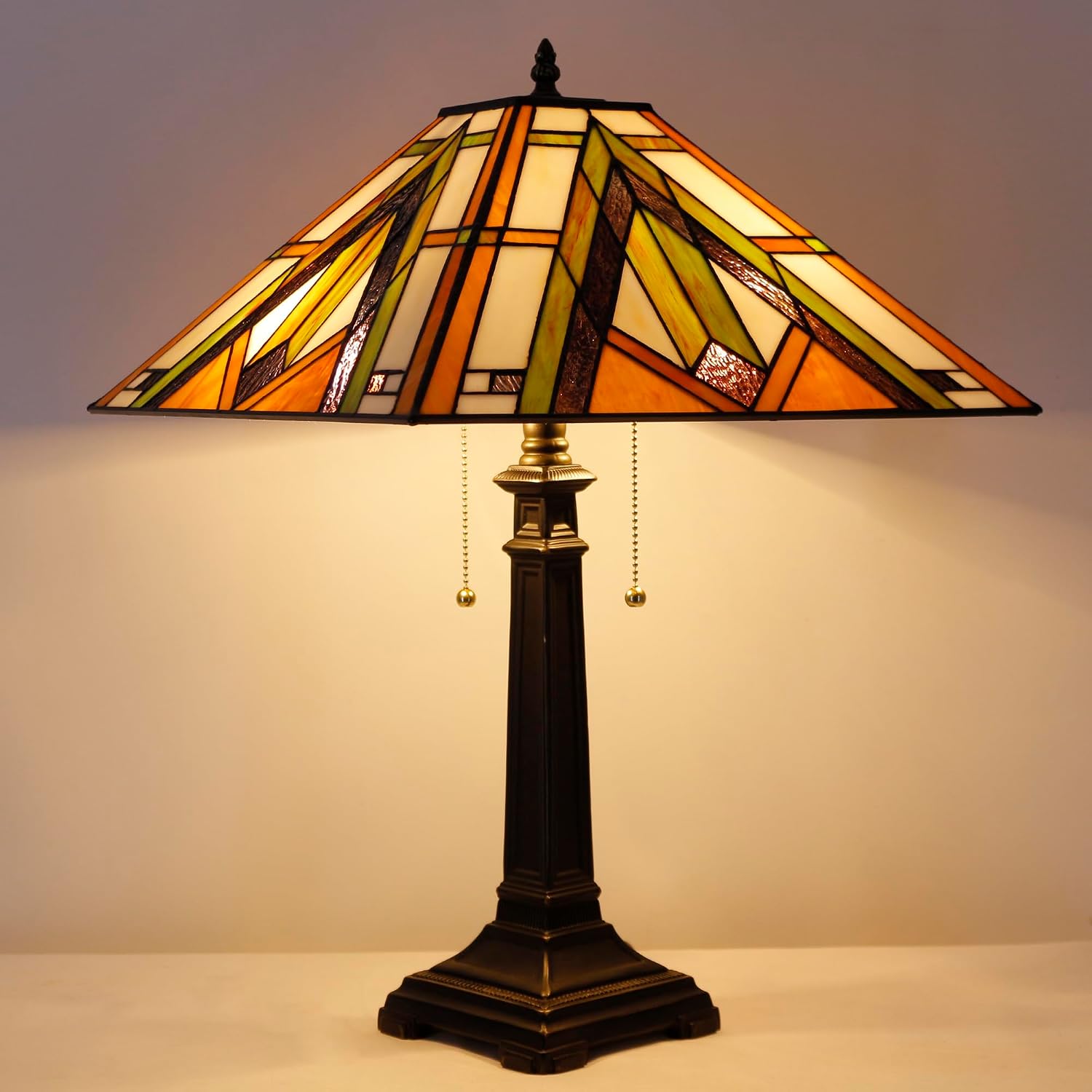 Tiffany Table Lamp Bronze Mission Style Stained Glass 16X16X23 Inches Desk Reading Light for Bedrooms Living Room Study Home Office