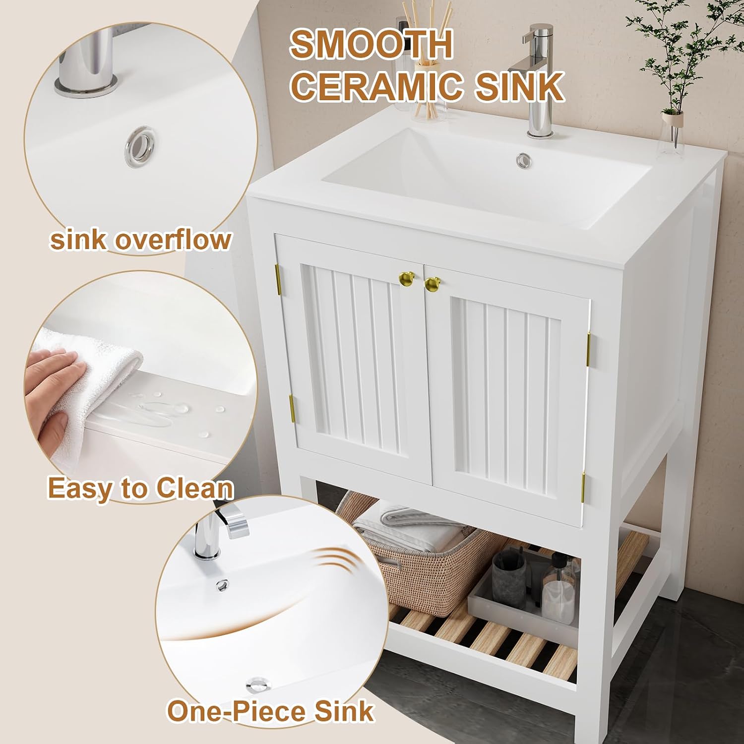 24 Inch Small Bathroom Vanity with Sink, Modern Bathroom Sink Cabinet with Open Shelf, Ceramic Basin, White
