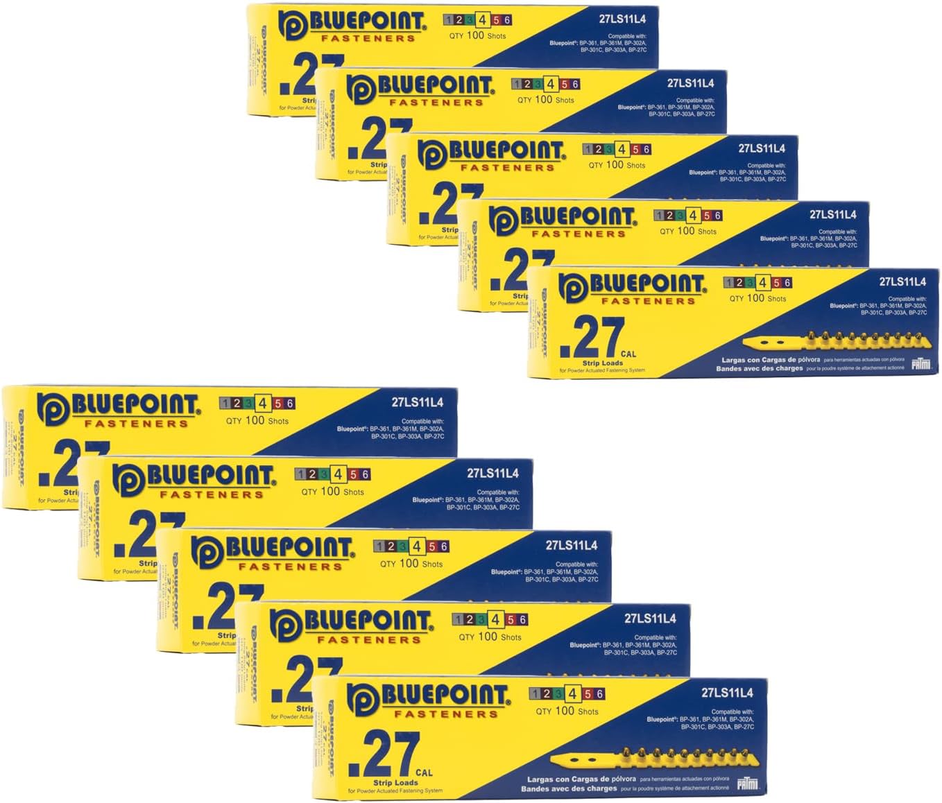 BLUEPOINT .27 Caliber Yellow Strip Powder Loads for Power Actuated Fastening System (1000 Count). Item# 27LS11L4. Ideal for Reliable Fastening Applications. 10-Pack Save $30