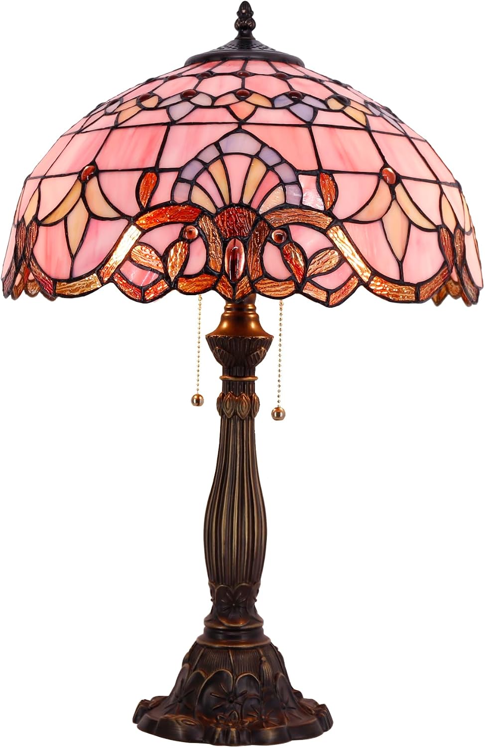 WERFACTORY Tiffany Lamp Pink Stained Glass Baroque Bedside Table Lamp Style Desk Light 16X16X24 Inches Decor Bedroom Living Room Home Office S003P Series