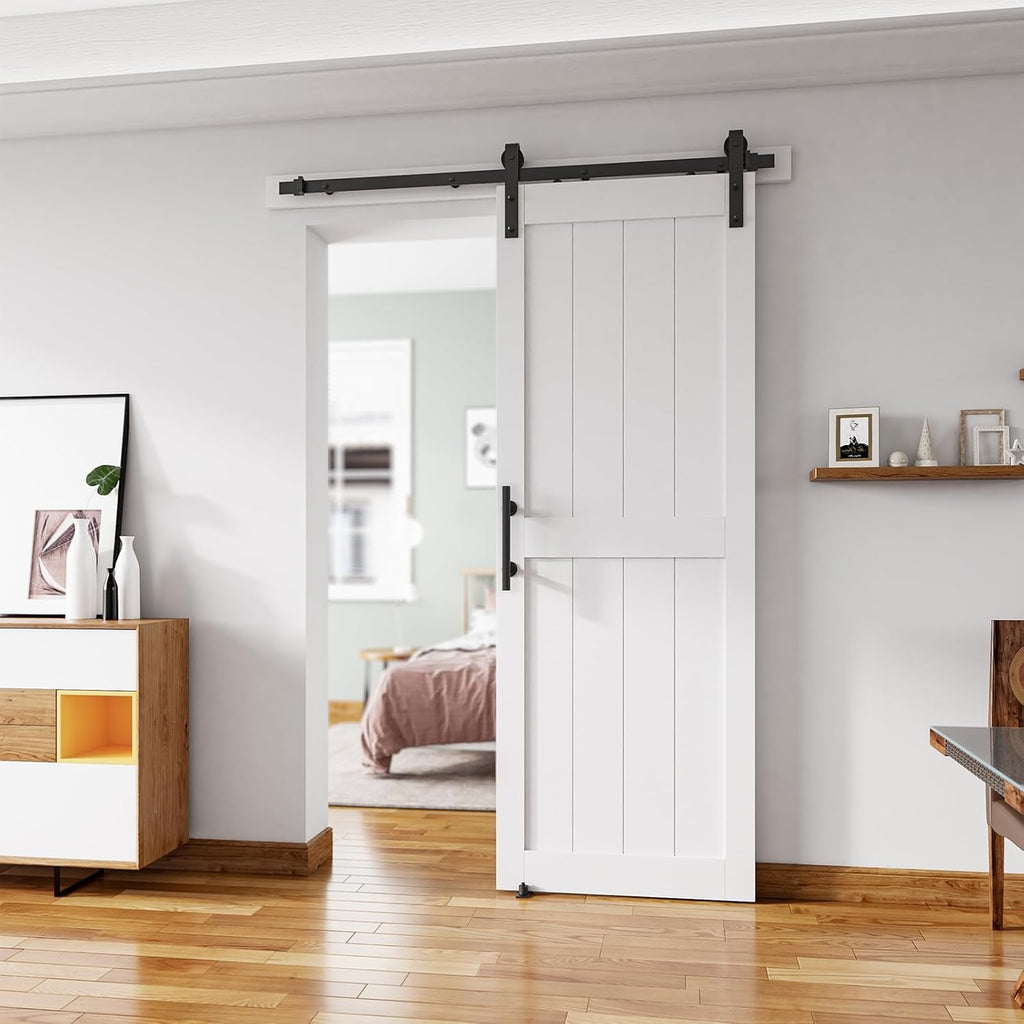28''x84'' Sliding Barn Door with 5 Ft Barn Door Hardware Kit& Handle& Floor Guides,Pre-Drilled Holes Easy Assembly - Include Installation Manual, Water-Proof PVC Surface, H-Frame, White