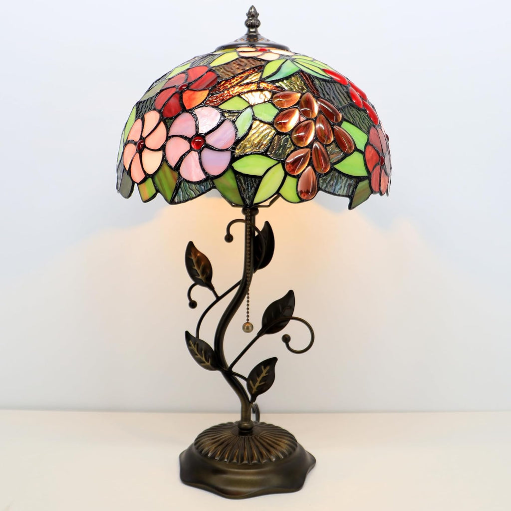 Tiffany Lamp Grape Style Stained Glass Table Lamp Desk Bedside Reading Light 12X12X19 Inches with Metal Leaf Base