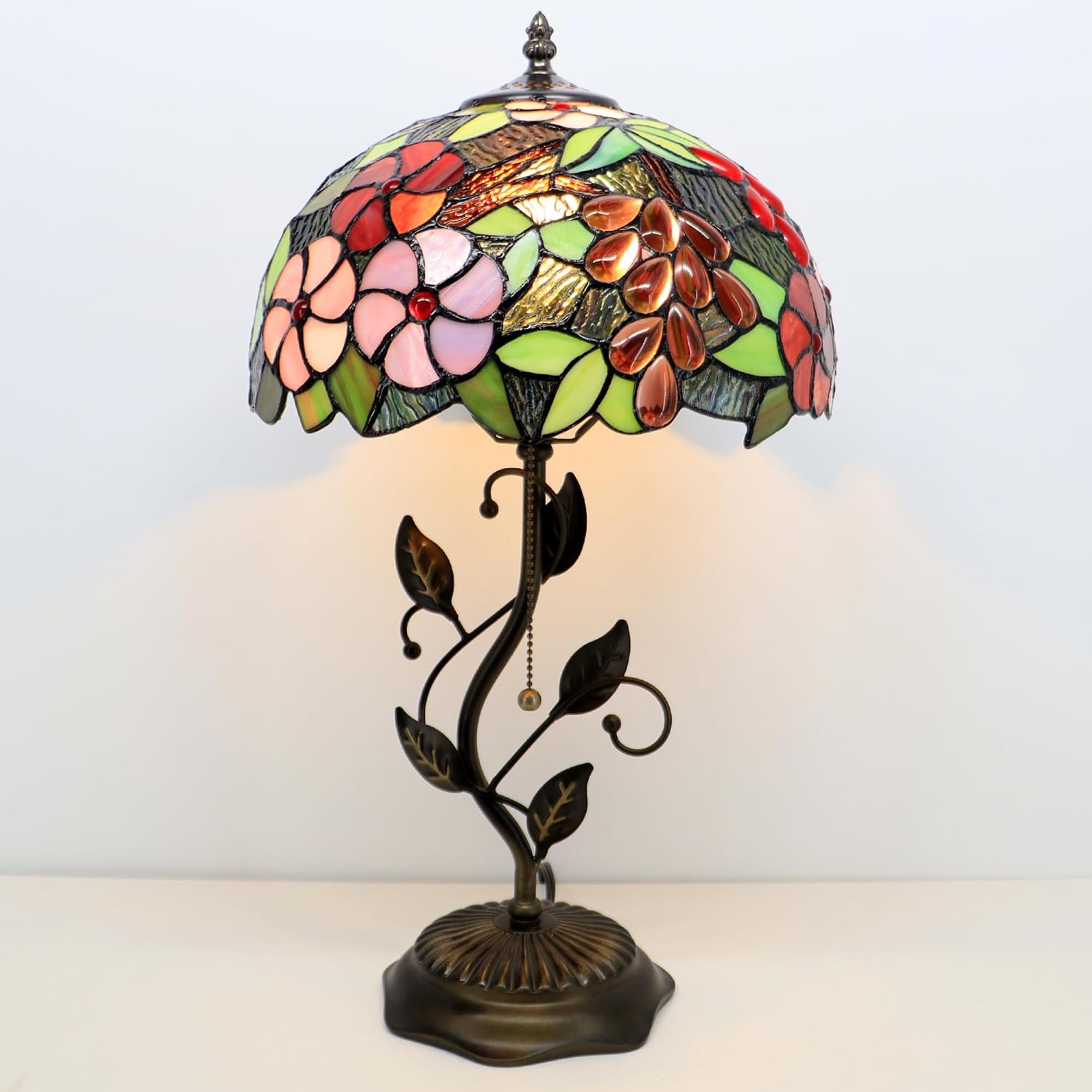 Tiffany Lamp Grape Style Stained Glass Table Lamp Desk Bedside Reading Light 12X12X19 Inches with Metal Leaf Base