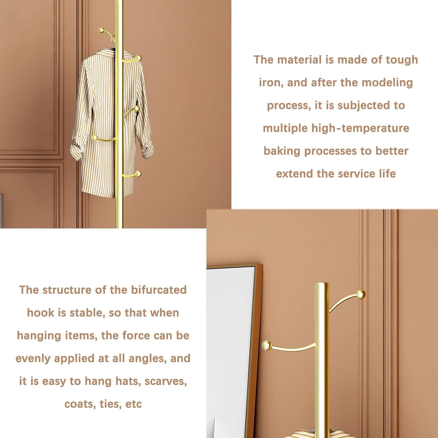 Coat Rack Stand Clothes Rack Stand, Garment Shelf with Storage Basket, Handbag Hat Scarfs Storage Holder with Wheels, Portable Hall Entryway Bedroom (Gold-36x185CM