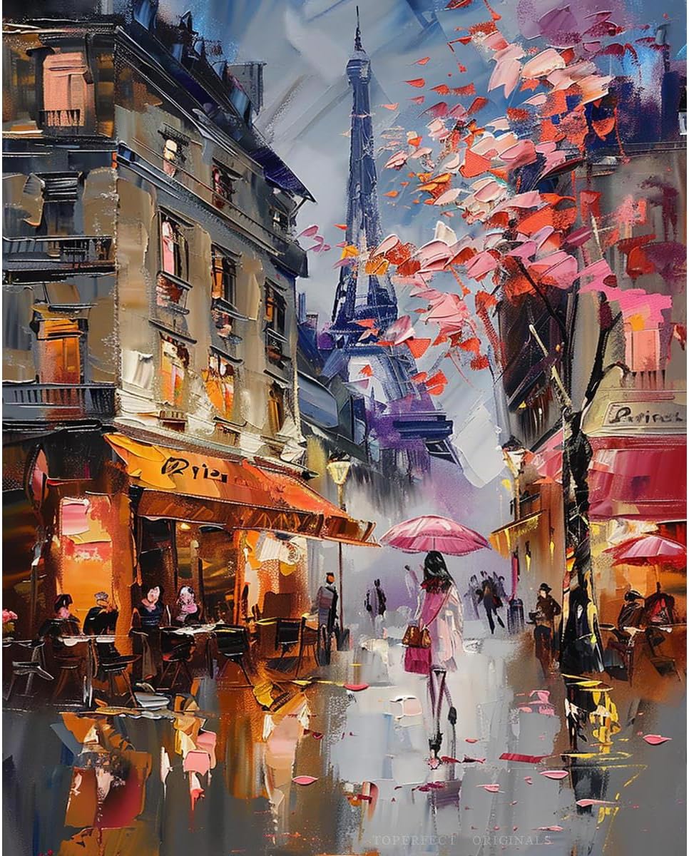 24 Original Paris Street Scene Paintings Urban Wall Art Canvas - Vibrant Thick Brushstrokes, Eiffel Tower, Pink Blossom Trees, Cafe, Fashionable Girl Umbrella, Handmade Room Decor by College Teachers