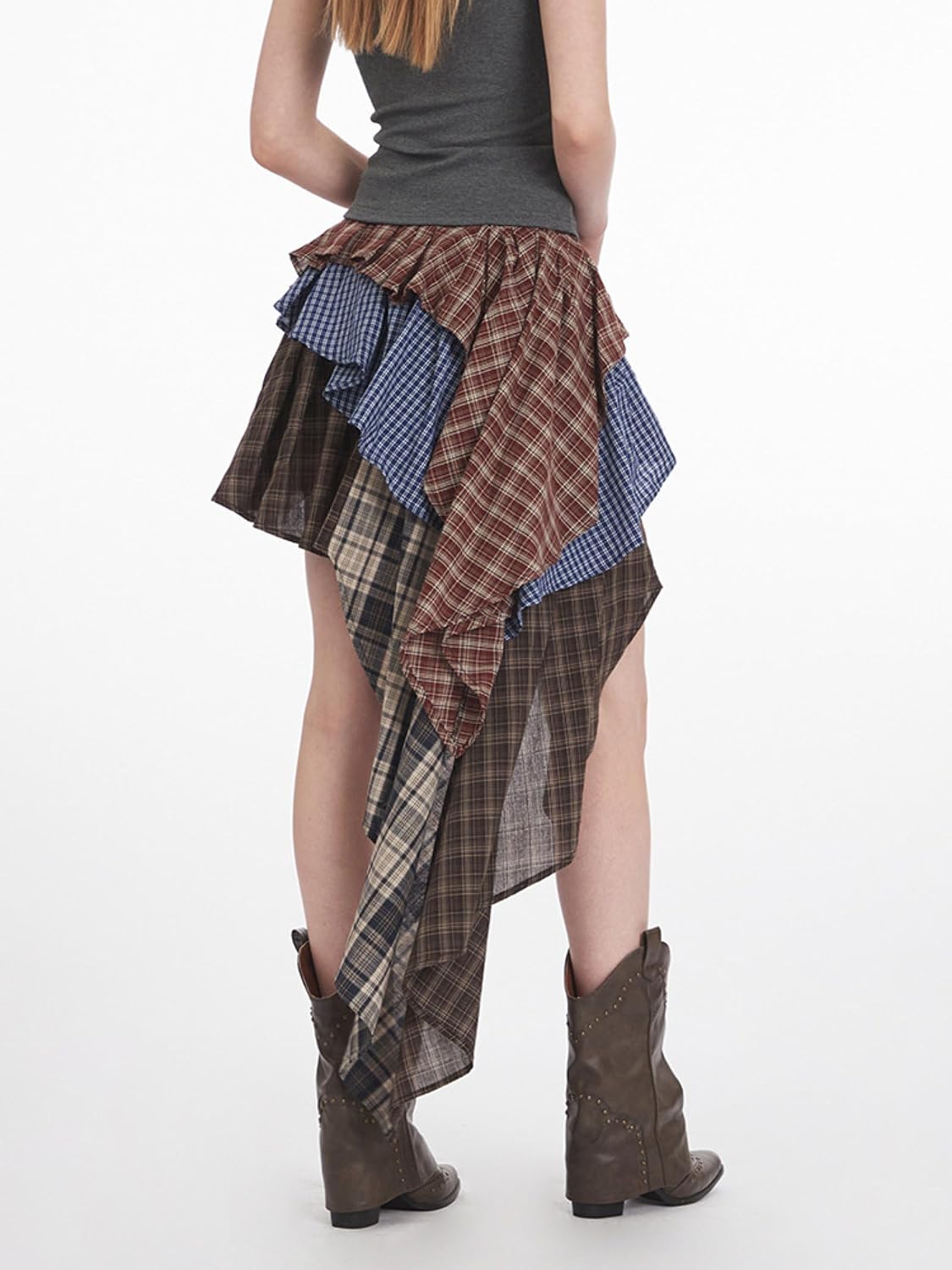 Plaid Splicing Skirts for Women Irregular Ruffle Hem Sexy High Waist Asymmetrical Mini Skirt with Streamers