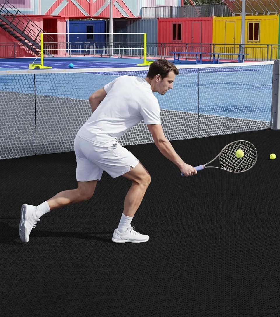 jxgzyy 24 PCS Interlocking Basketball Court Tiles, Black | Non Slip, PP, Drainage Mat, for Tennis, Garage, Load Bearing Capacity of 4409