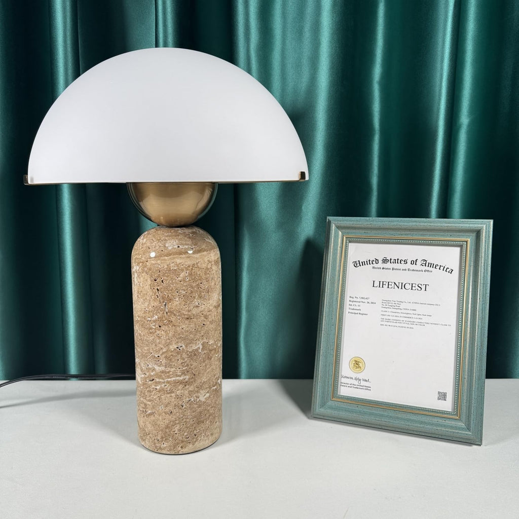 Scandinavian Modern Table Lamp Frosted Glass Shade Travertine Lamp Natural Stone Desk Lamp Mid-Century Dome Bedside Lamps for Living Room Side Lamps Bedroom Nightstand Light