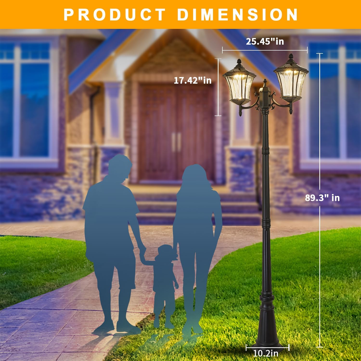 2-Head Outdoor Solar Lamp Post Lights with Waterproof, Dusk to Dawn Sensor Large Lantern Street Lights, Modern Solar Column Pole Light Fixtures for Outside, Garden, Driveway, Backyard, Black