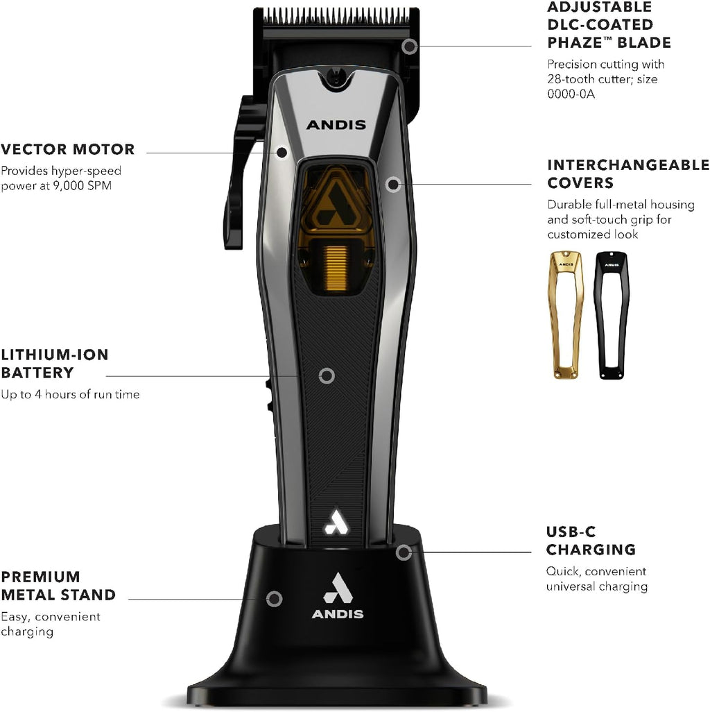 Andis Recon Professional Barber Vector Motor Hair Clipper, Adjustable-Fixed Phaze Blade, Includes OG Comb Set, Lithium Ion 4-Hour Run Time, Interchangeable Covers, Black/Gold