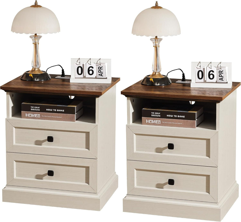 Night Stand with Charging Station, Bedside Table with 2 Drawers Storage and Open Shelf, 20' Wider Farmhouse White Nightstand with Outlets, Wood Modern End Table for Bedroom Office