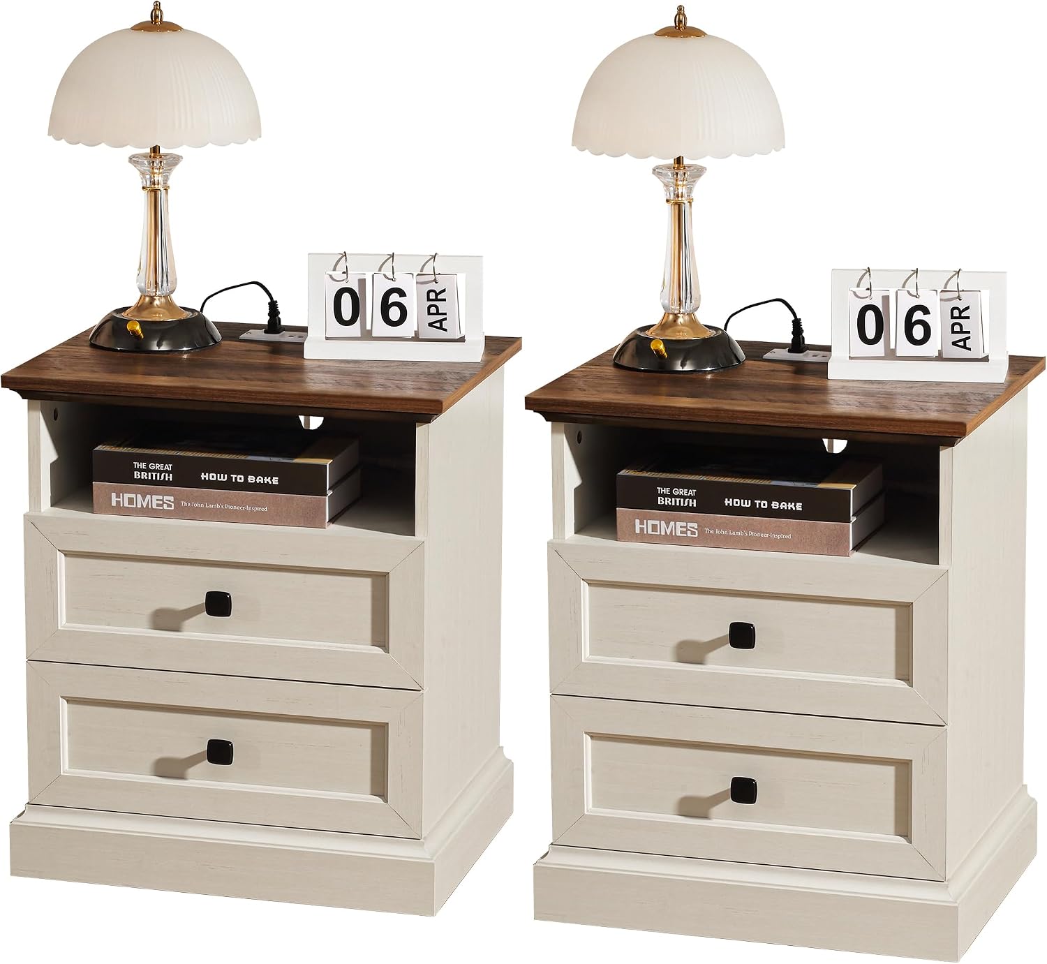 Night Stand with Charging Station, Bedside Table with 2 Drawers Storage and Open Shelf, 20' Wider Farmhouse White Nightstand with Outlets, Wood Modern End Table for Bedroom Office