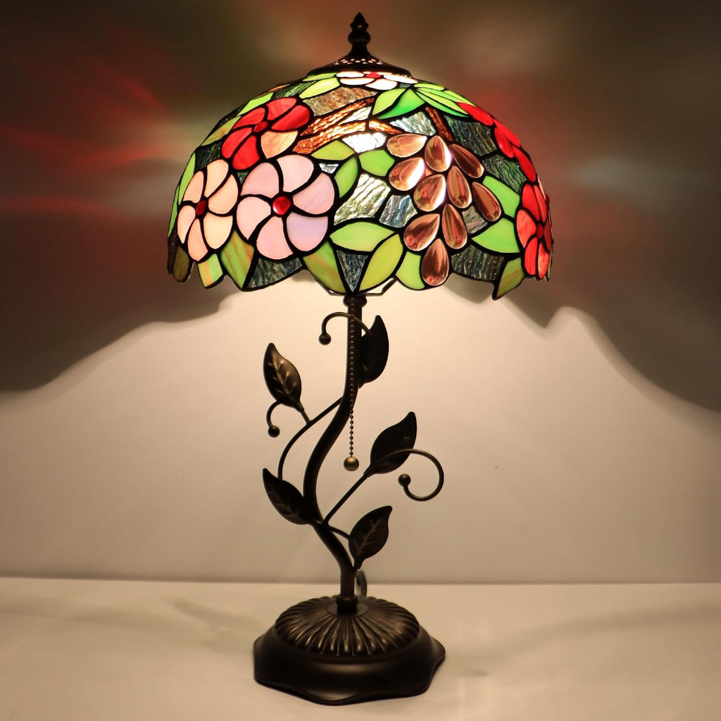 Tiffany Lamp Grape Style Stained Glass Table Lamp Desk Bedside Reading Light 12X12X19 Inches with Metal Leaf Base