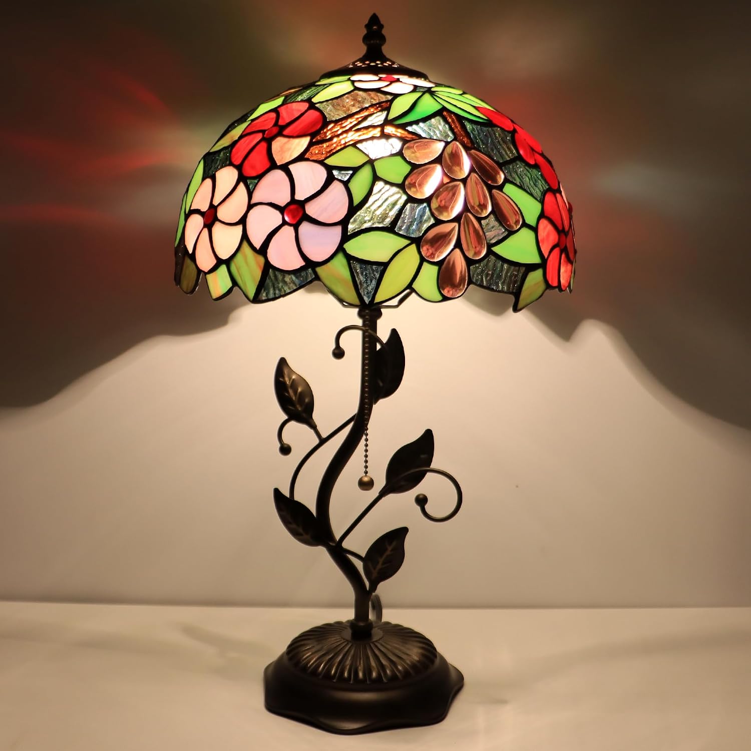 Tiffany Lamp Grape Style Stained Glass Table Lamp Desk Bedside Reading Light 12X12X19 Inches with Metal Leaf Base
