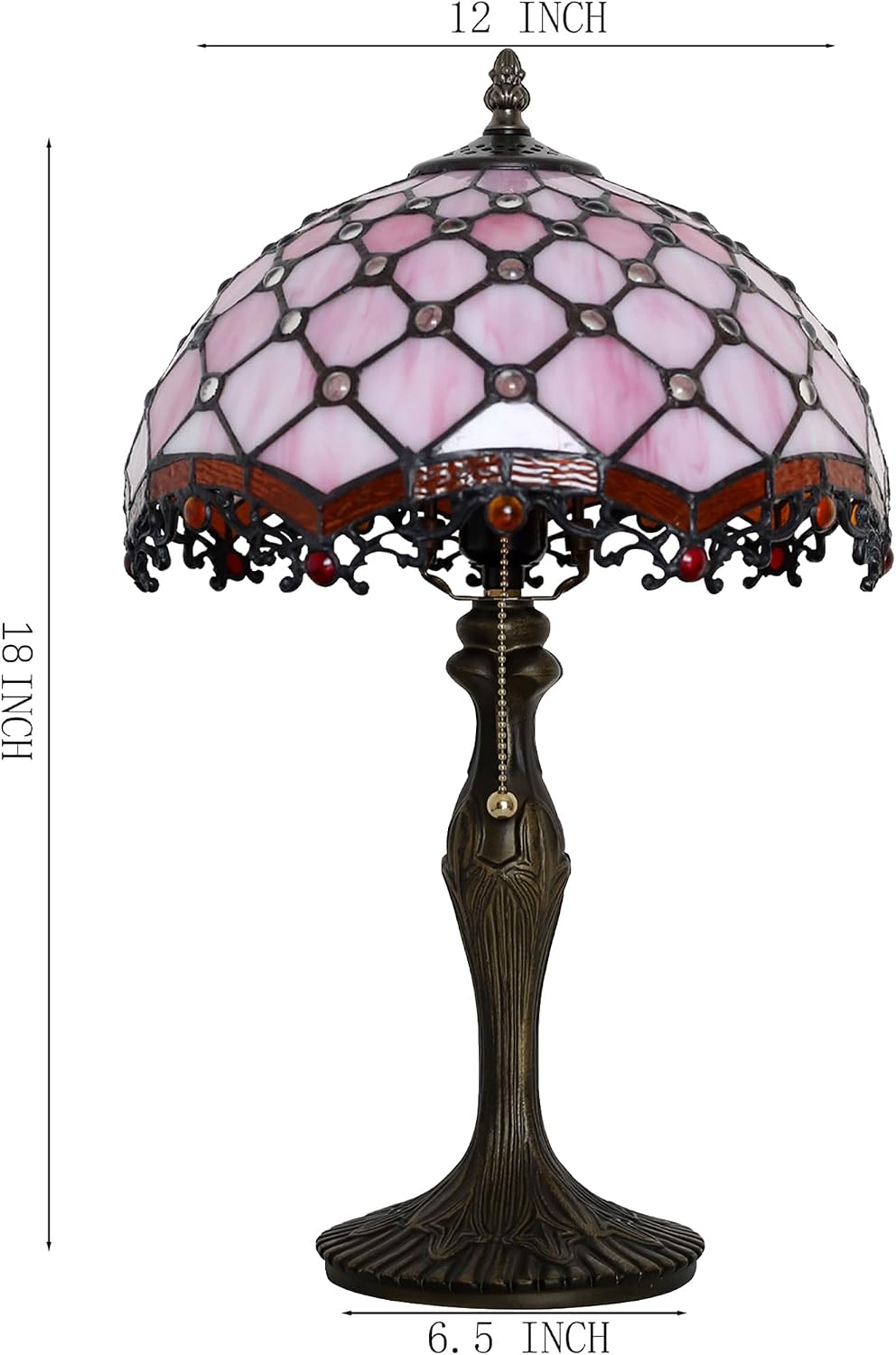 Tiffany Lamp Stained Glass Table Lamp 12 x 19' Pink Beads Style Bedside Reading Lamp Decorative Light for Desk Living Room Bedroom Office Study Light Home Decor Gift