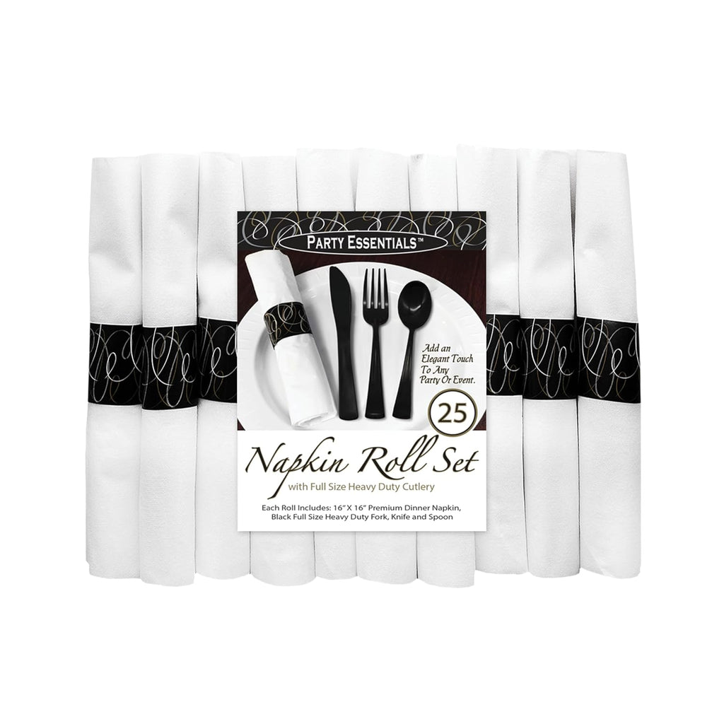 Party Essentials - N501732 Extra Heavy Duty Cutlery Kit with Black Fork/Knife/Spoon and 3-Ply White Napkin (Case of 300 rolls)