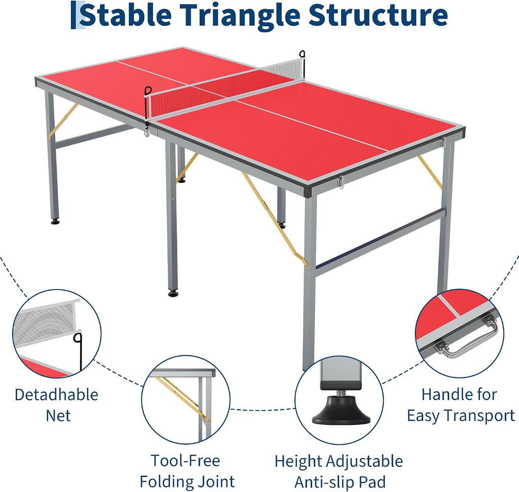 GarveeLife Professional Outdoor Table Tennis Tables,6x3FT Indoor/Outdoor Portable Ping Pong Table Game with Net for Adults/Teens,2 Table Tennis Paddles and 3 Balls