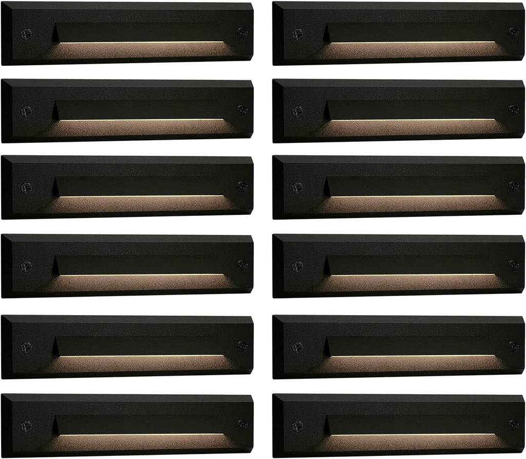 GKOLED 12 Pack Low Voltage 9-15V AC/DC LED Linear Step Lights, 2W Landscape Cutoff Stair Riser Light, Outdoor Waterproof Accent Lighting Fixtures, Die-cast Aluminum, Black Powder Coated Finish