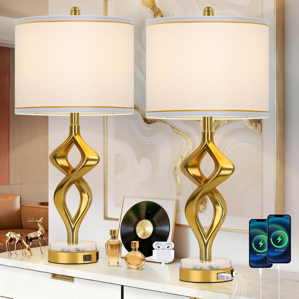 28.5' Modern Sculptural Living Room Table Lamps Set of 2 with USB A+C & AC Outlet, Gold Bedside Table Lamps with White Marble Base & Linen Shade, Nightstand Lamps for Bedroom Study Office Hotel Bar