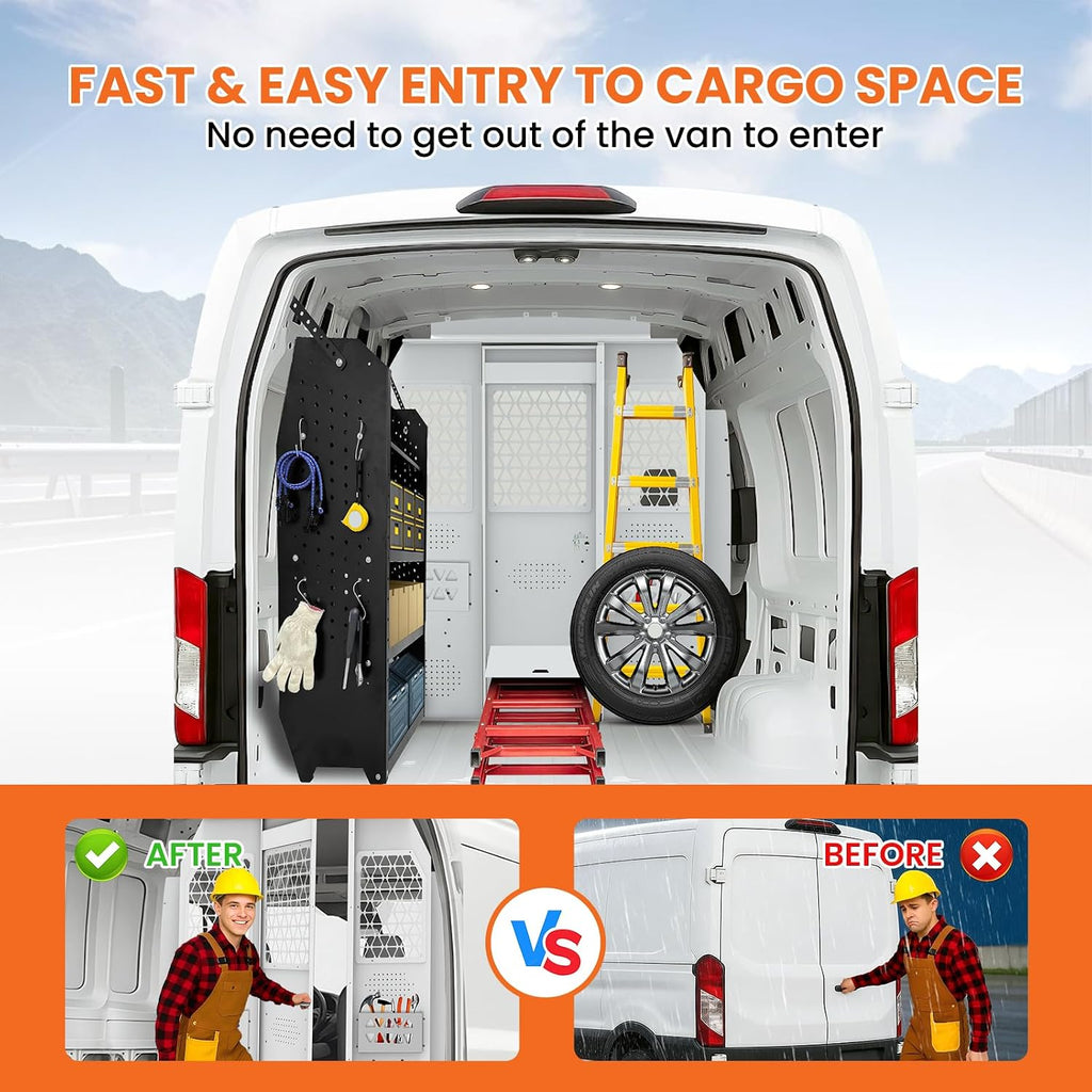 Cargo Van Partition for Ford Transit 150 250 350 Mid Roof, Hinged Center Door with Door Lock and Clear Acrylic Window,Heavy-Duty Steel Van Safety Partition Bulkhead, 2015–2025,White