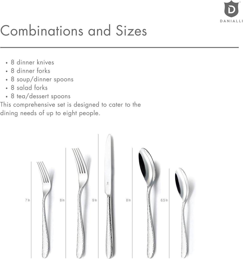Danialli Matte Silverware Set, 18/10 Stainless Steel Satin Flatware, Modern Brushed Finish Cutlery, Dishwasher Safe & Durable, Built to Last (40-Piece, Fidenza Hammered)