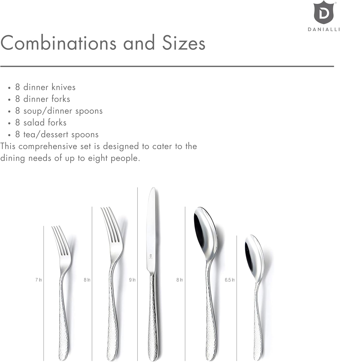 Danialli Matte Silverware Set, 18/10 Stainless Steel Satin Flatware, Modern Brushed Finish Cutlery, Dishwasher Safe & Durable, Built to Last (40-Piece, Fidenza Hammered)