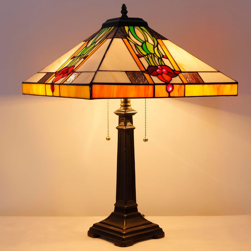 Tiffany Table Lamp Tulip Flower Mission Style Stained Glass 16X16X23 Inches Desk Reading Light for Bedrooms Living Room Study Home Office