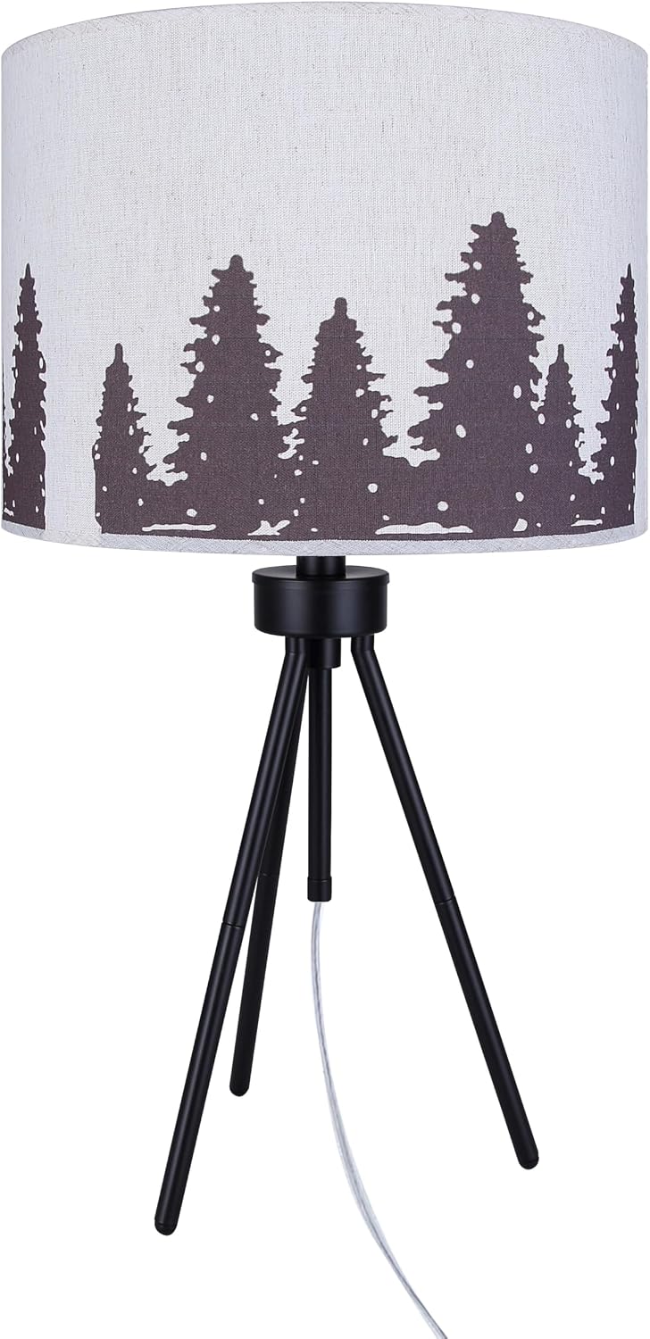 Canarm Holt Table Lamp, 27-Inch Country Rustic Black Finish with Printed Fabric Shade, Adjustable Height from 22-27' with 3-Way Socket Switch for Living Room