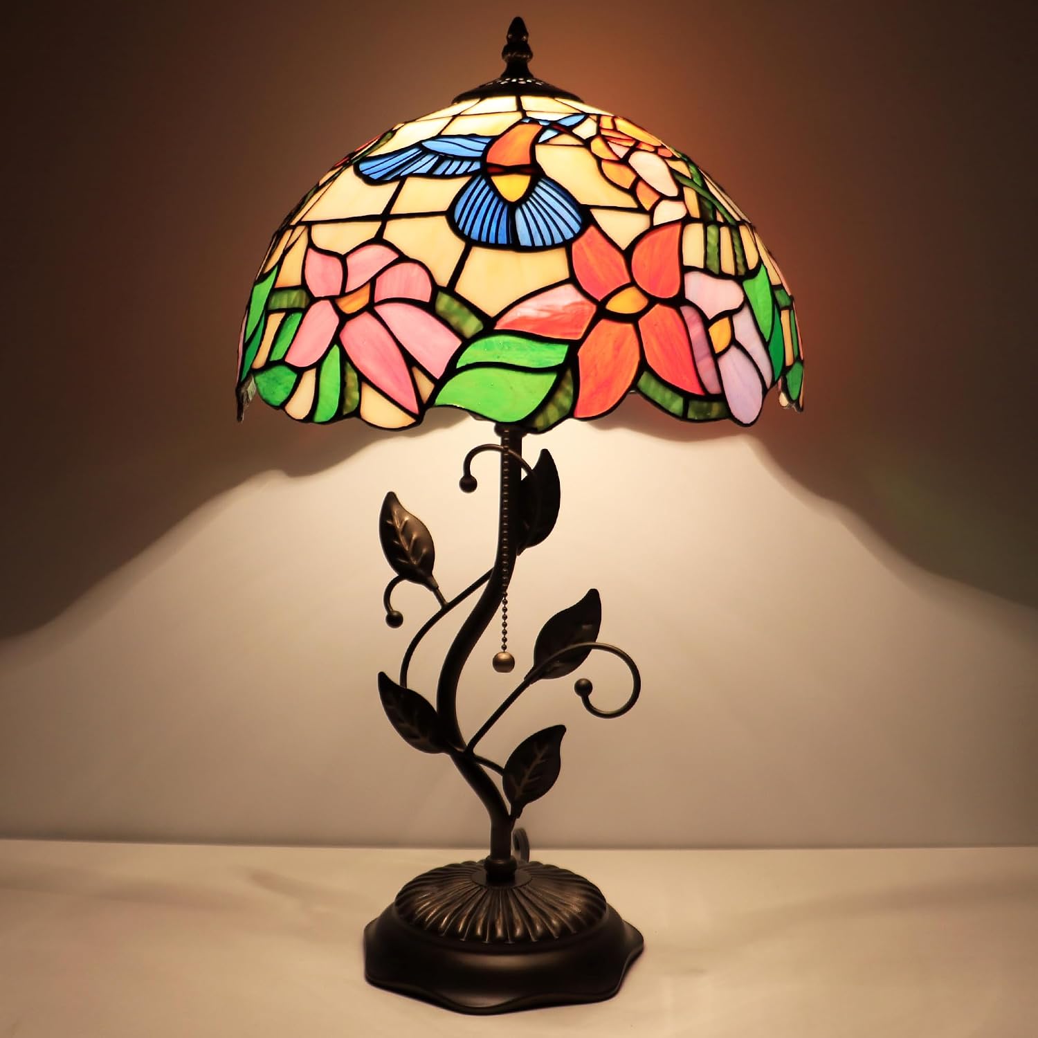 Tiffany Lamp Hummingbird Style Stained Glass Table Lamp Desk Bedside Reading Light 12X12X19 Inches with Metal Leaf Base