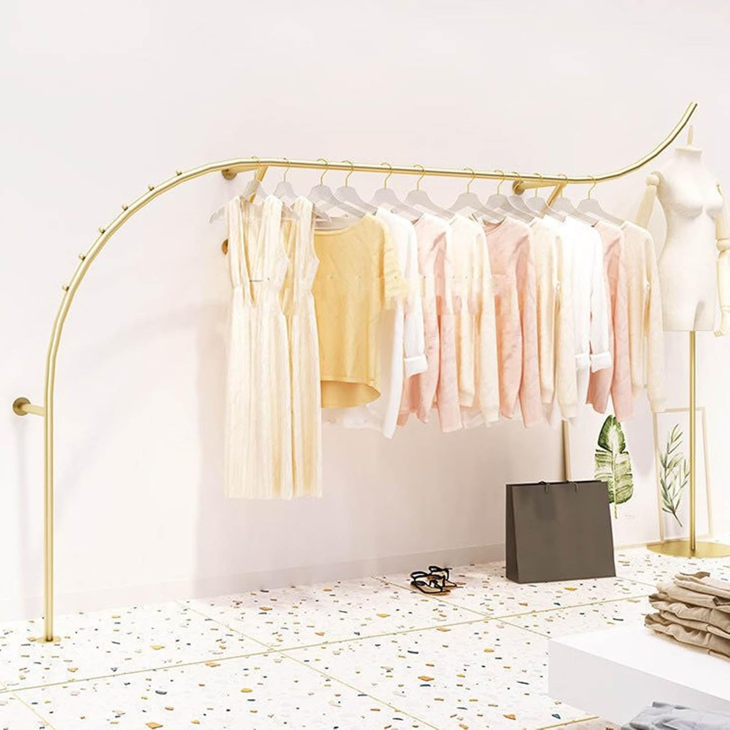 2-Piece Wall Mounted Gold Garment Rack, Modern Commercial Retail Clothing Display Stand, Boutique Clothes Storage Rack, Multi-Purpose Heavy Duty Iron Closet Hange(2-Piece Set 250cm