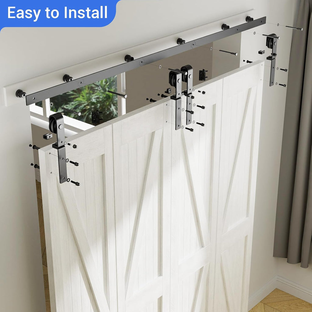 CCJH 108' Bi-Folding Sliding Barn Door Hardware Kit for 4 Doors,Slide Smoothly Quietly,Black Track J Shape Roller,No Door