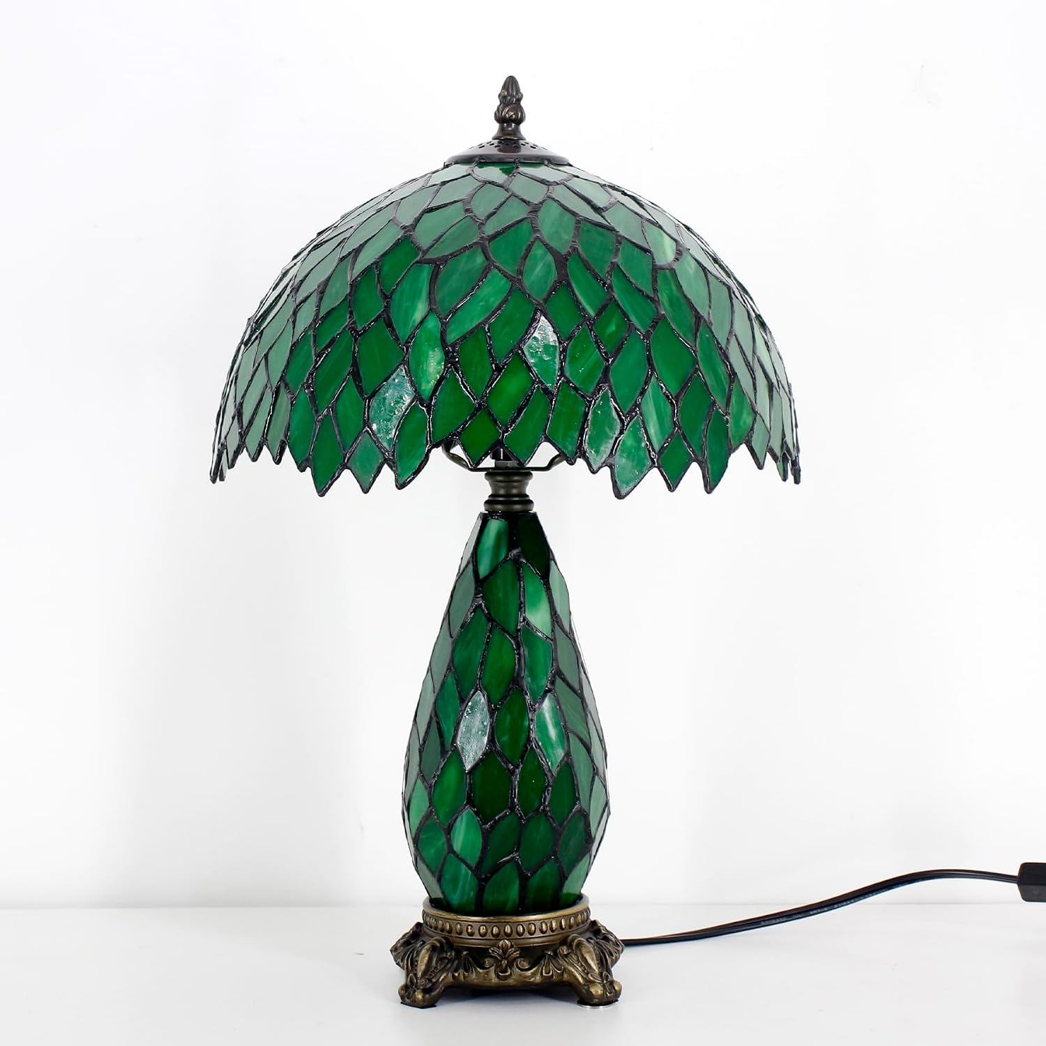 Tiffany Lamp Stained Glass Table Lamp 12X19 Inches Mother Daughter Vase Desk Accent Night Light for Bedroom Bedside Reading Home Antique Style (Green Wisteria)
