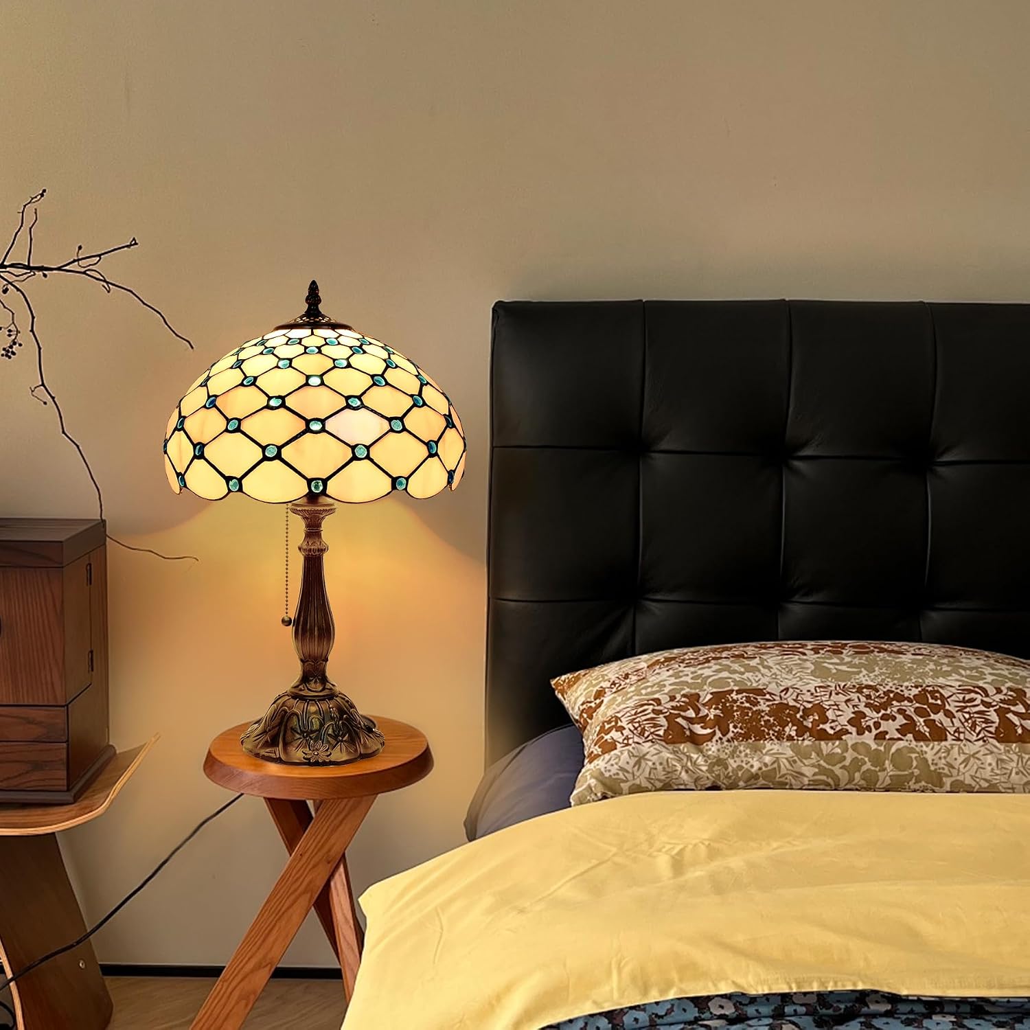 Tiffany Lamp Vintage White Grey Stained Glass Bead Table Lamp Desk Bedside Reading Light Decor Bedroom Living Room Home Office D12*H18 Inches