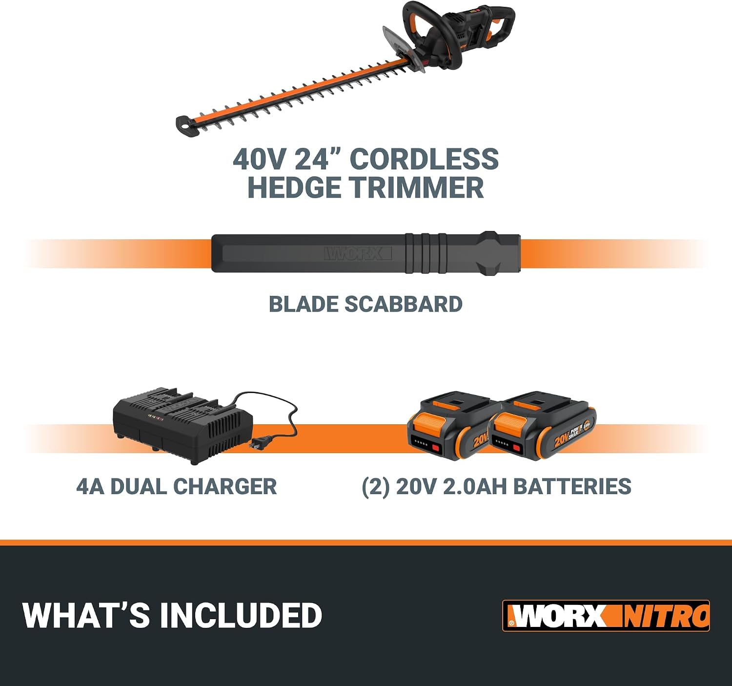 WORX Nitro 24' Cordless Hedge Trimmer, Electric Hedge Trimmer with Dual-Action Blades & 3400 SPM, Brushless Bush Trimmer with 180° Rotating Handle, 2 Batteries & Charger Included, WG286