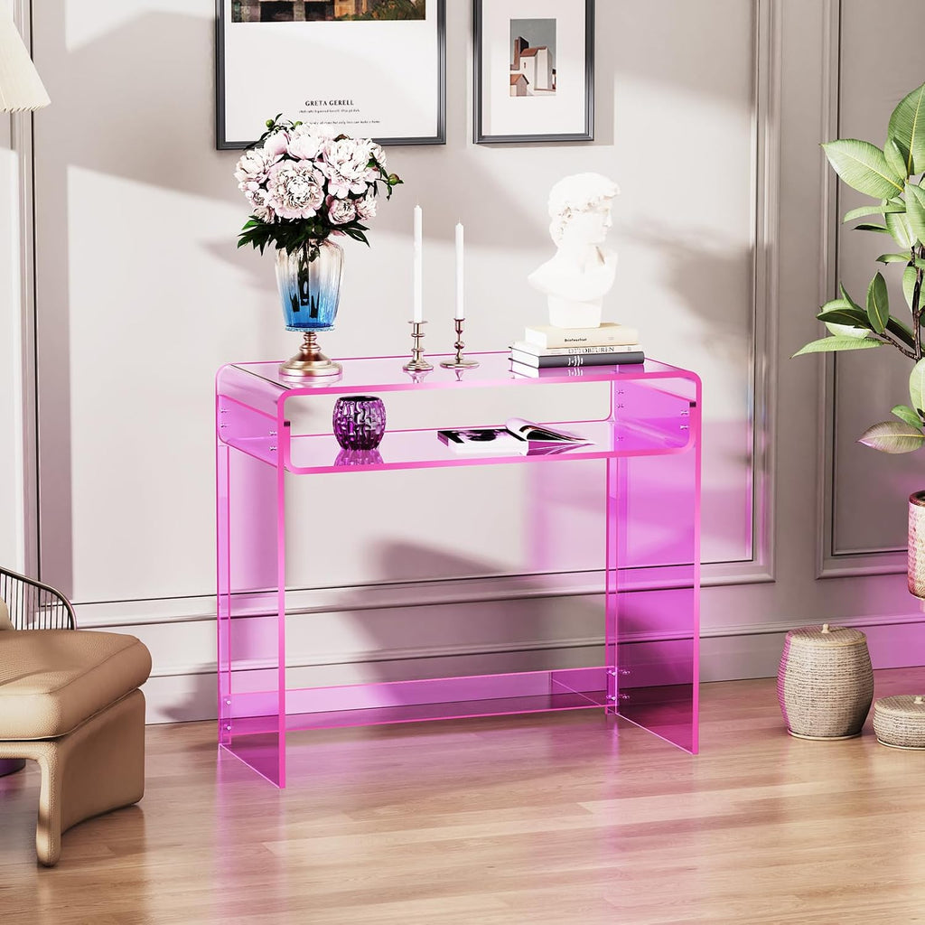 Acrylic Desk Laptop Workstation Study Table Home Office Console Tables Entrance Table Decor (Pink)