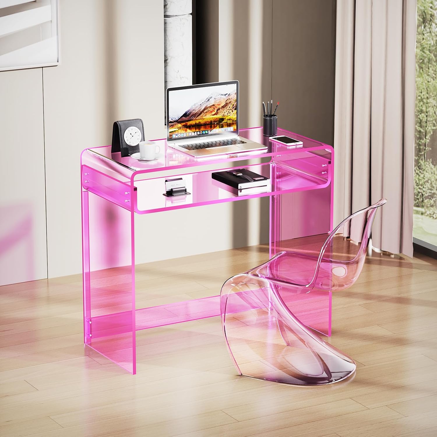 Acrylic Desk Laptop Workstation Study Table Home Office Console Tables Entrance Table Decor (Pink)