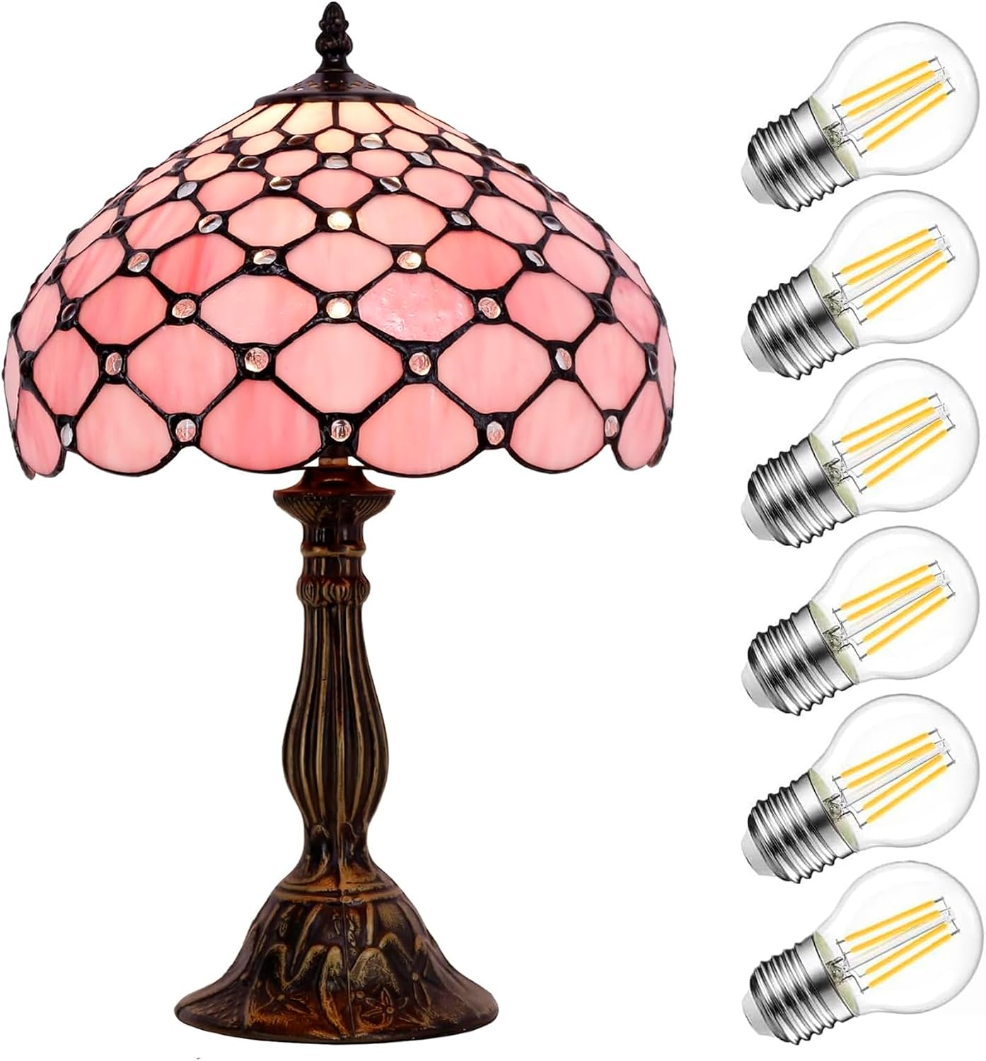 WERFACTORY Tiffany Lamp Pink Stained Glass Bead Table Lamp Desk Bedside Reading Light 12X12X18 Inches Deco Bedroom Living Room Home Office S005P Series