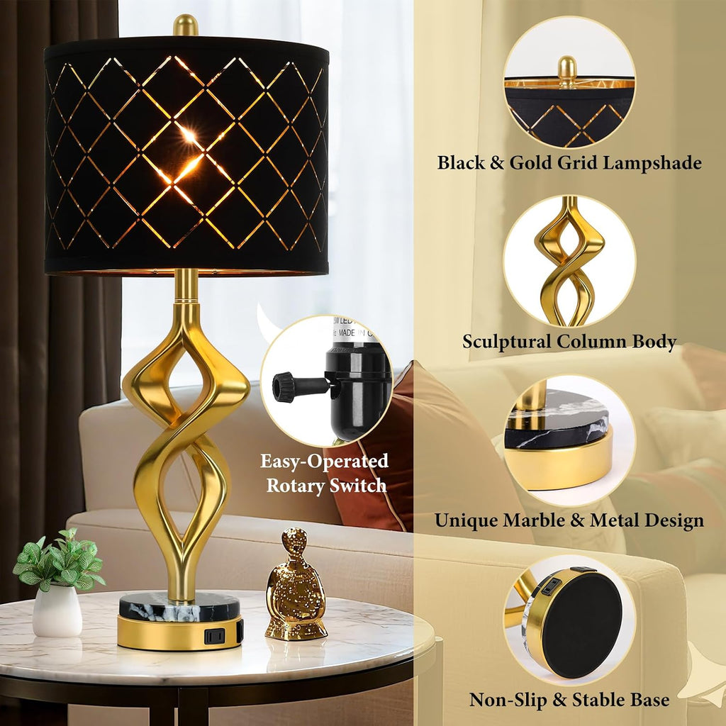 28.5' Modern Sculptural Living Room Table Lamps Set of 2 with USB Ports and Outlet, Gold Bedside Table Lamps with Black Marble Base, Nightstand Lamps for Bedroom with Luxurious Black Grid Lampshade