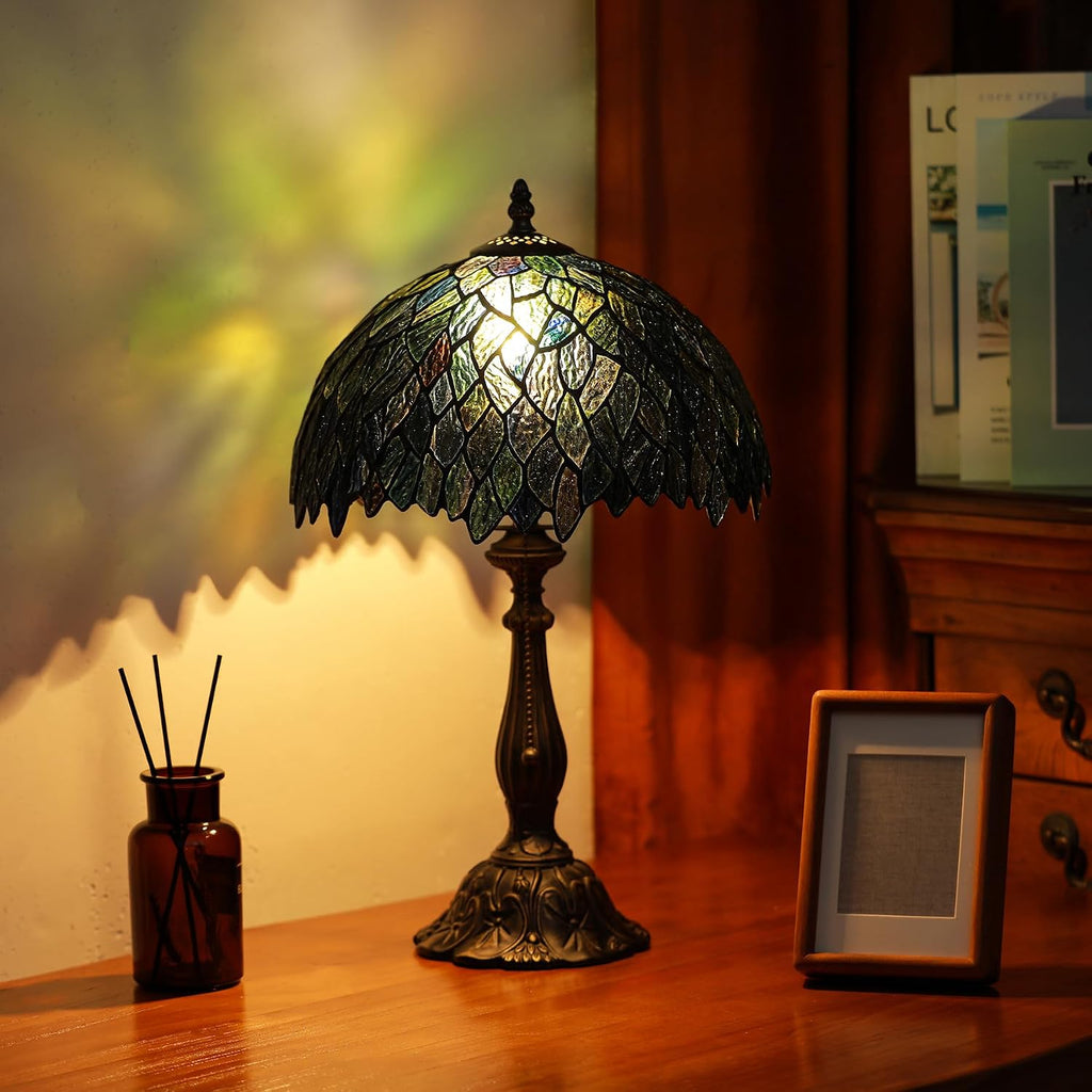 Tiffany Lamps Brownish Green Leaves Style Stained Glass Table Lamp Desk Bedside Reading Light 12X12X18.5 Inches with Bronze Resin Base Applicable to Bedroom Living Room Office