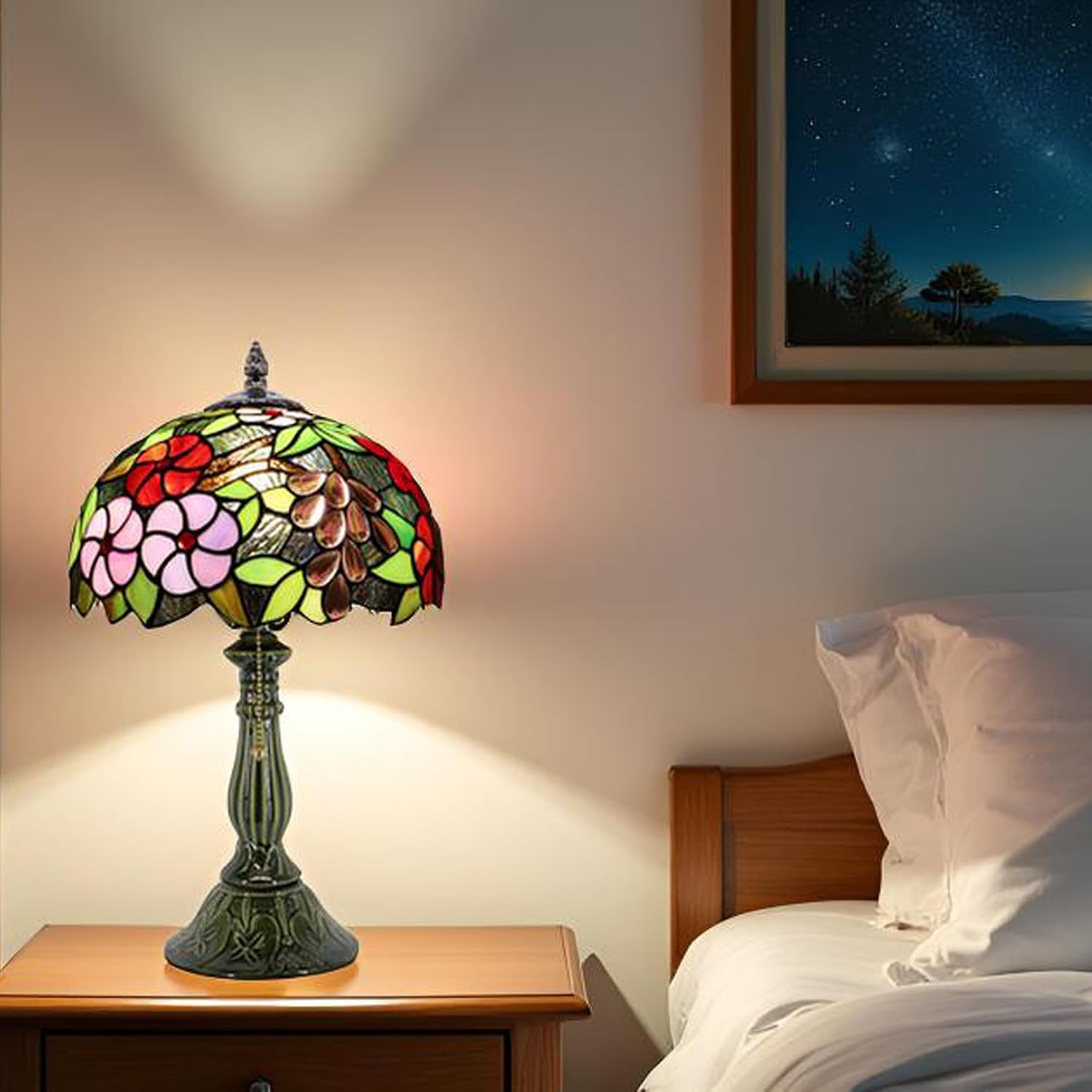 Tiffany Lamp Stained Glass Table Lamps Amber Grape Style Desk Lamp 12X12X18.5 Inch Bronze Ceramic Base Reading Light Suitable for Bedside Bedroom Living Room Dining Room Office