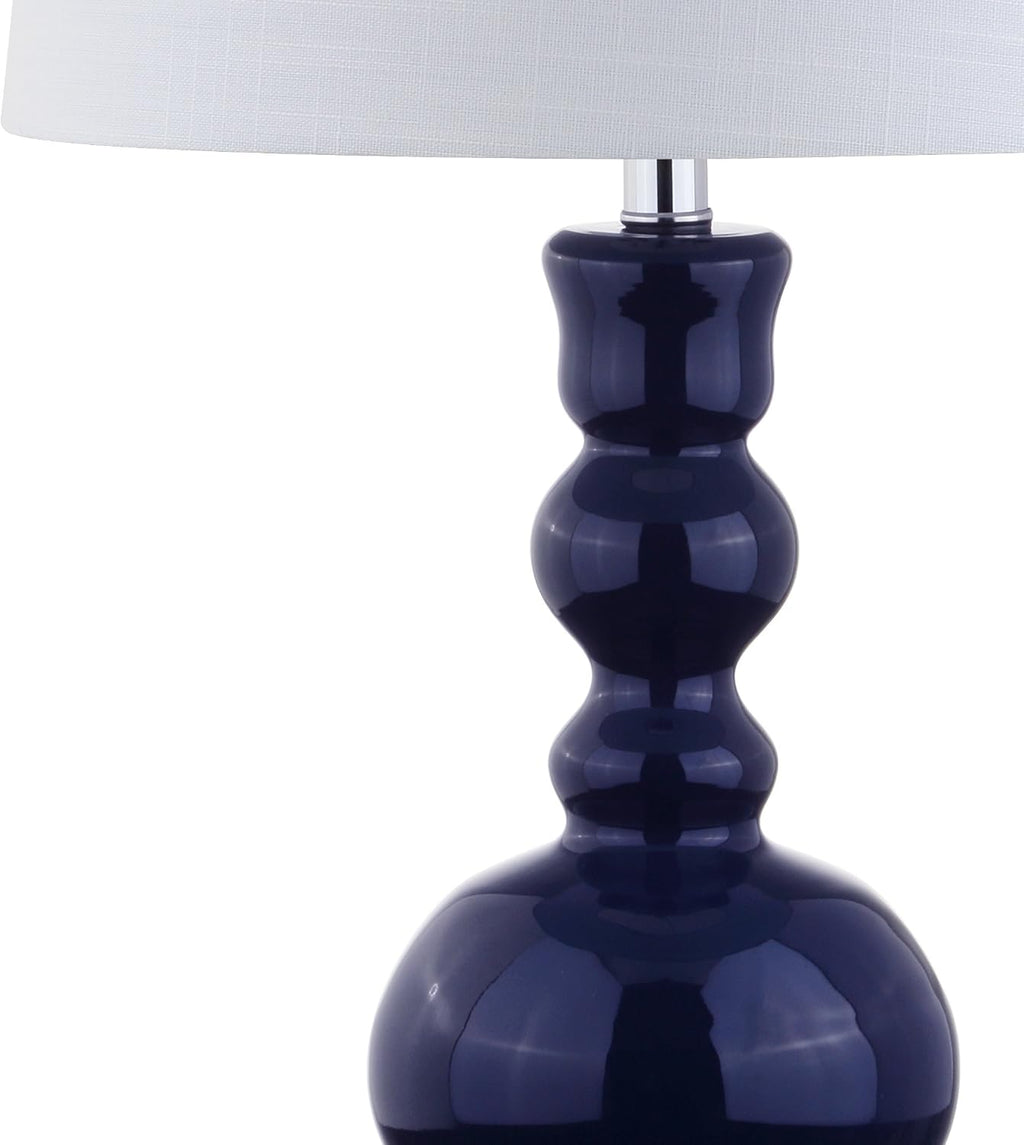 JONATHAN Y 28.5' Navy Glass Table Lamp Set of 2 for Living Room Bedroom Decor, Modern Bedside Lamps with White Linen Shade, LED Bulbs Included (JYL1061E-SET2)