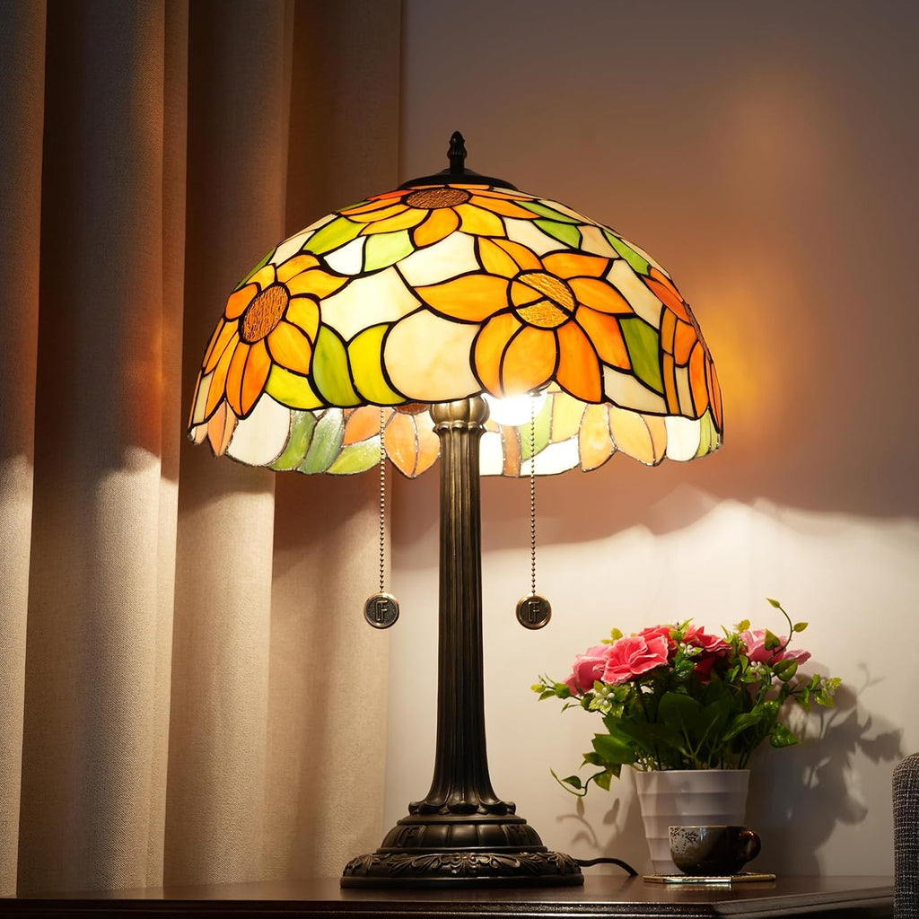 Tiffany Lamp Sunflower Yellow Style Stained Glass Table Lamp Antique Bedside Reading Light 16X16X23 Inch Decor Bedroom Living Room LED Lamp