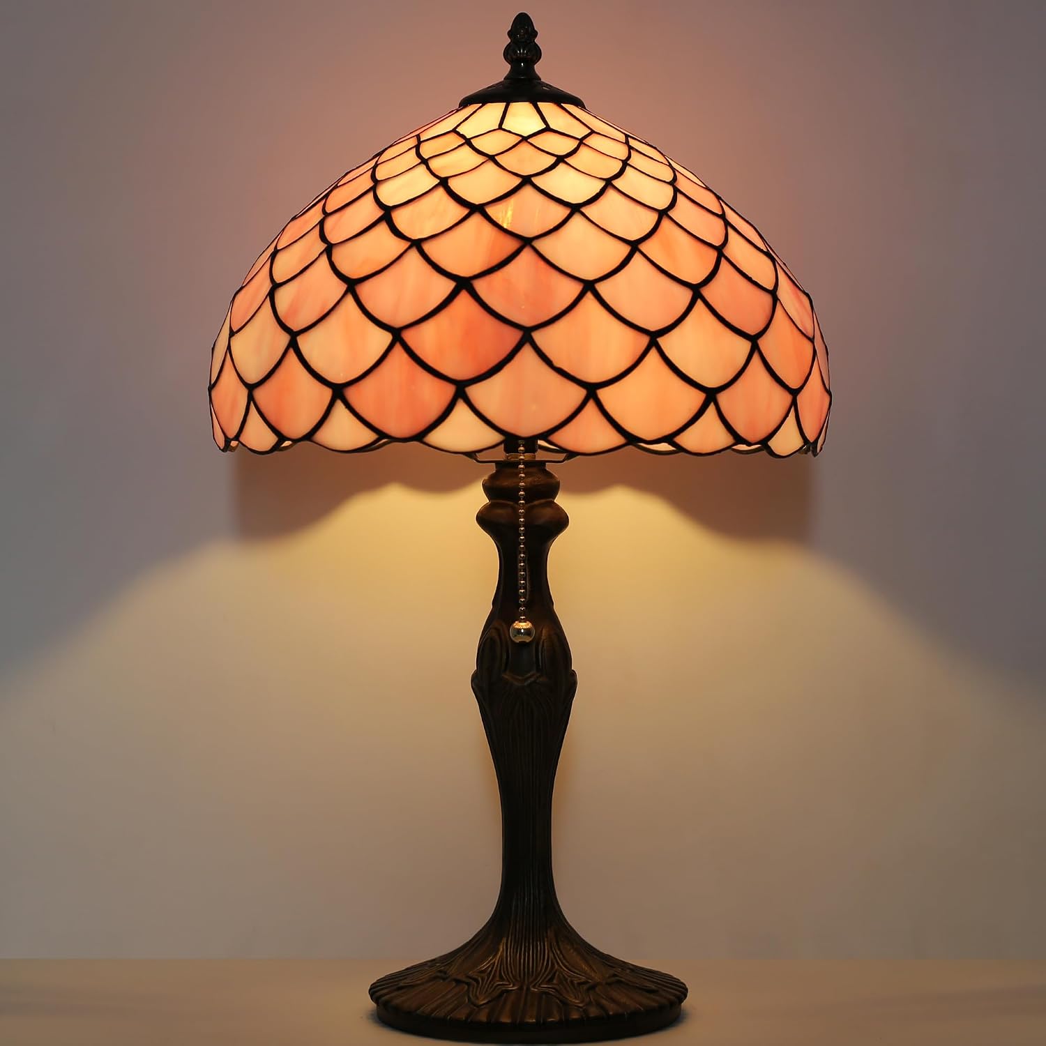 Tiffany Lamp Stained Glass Table Lamp 12' x 19' Pink Fish Scales Style Decorative Lamp Bedside Reading Lamp for Desk Living Room Bedroom Office Study Light Home Decor Gift