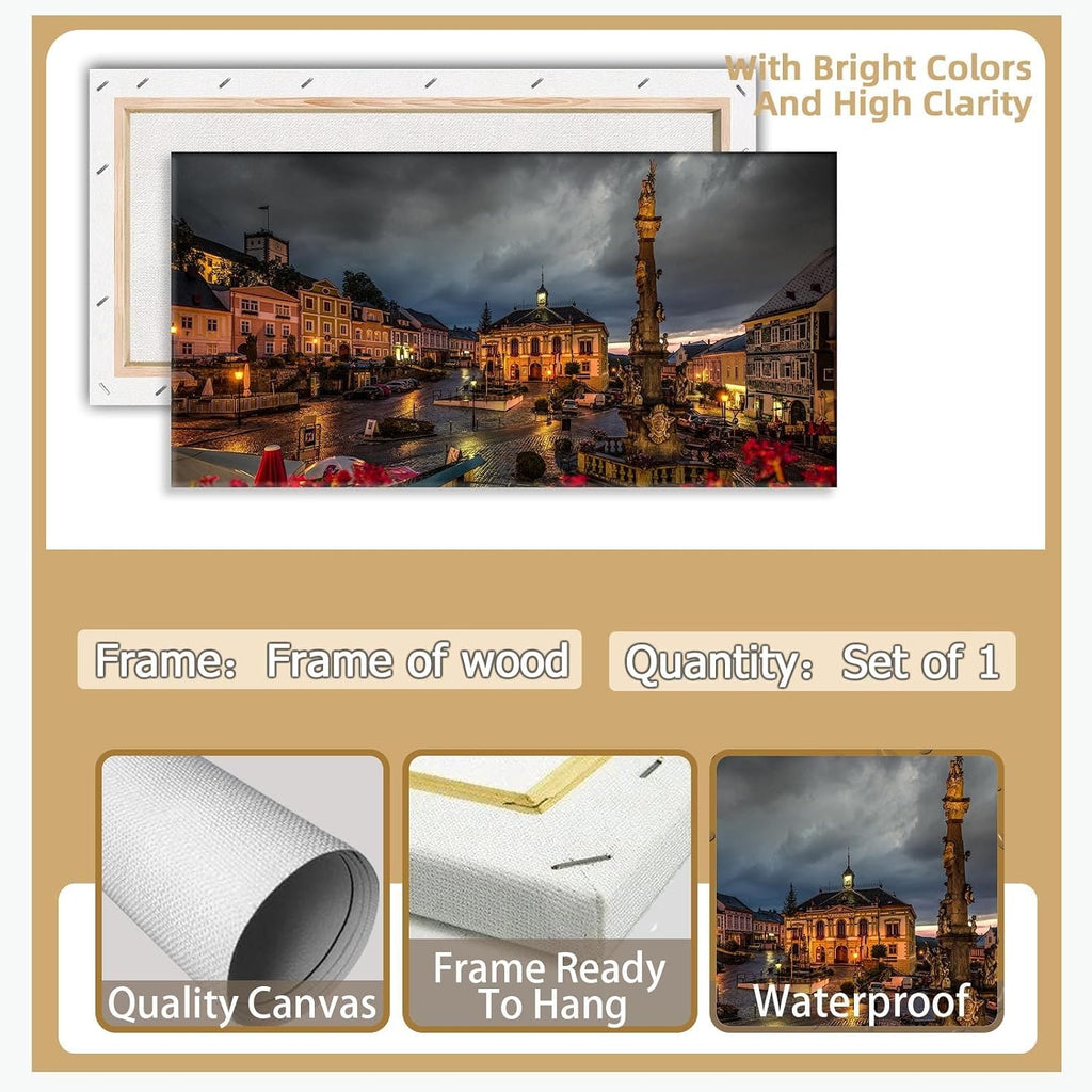 Large Romantic Central European Baroque Architecture Decor Cesky Krumlov Czech Republic Night View Poster Enchanted Historical Town Wall Art Teen Dorm Apartment Artwork 20x40inch Framed