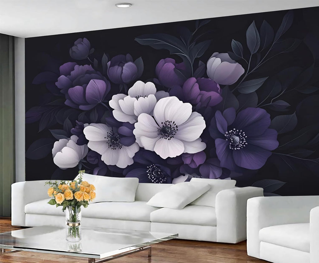 Purple Flowers Wall Mural, European Floral Mural Wallpaper, Retro Flowers Wallpaper Mural, for Bedroom Office Living Room Wall Artwork Decor (Not Peel n' Stick)